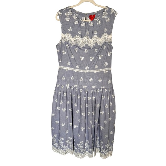 Monique Lhuillier Blue Sleeveless Embroidered Lace Poplin Midi Dress Size 14 - Picture 6 of 16